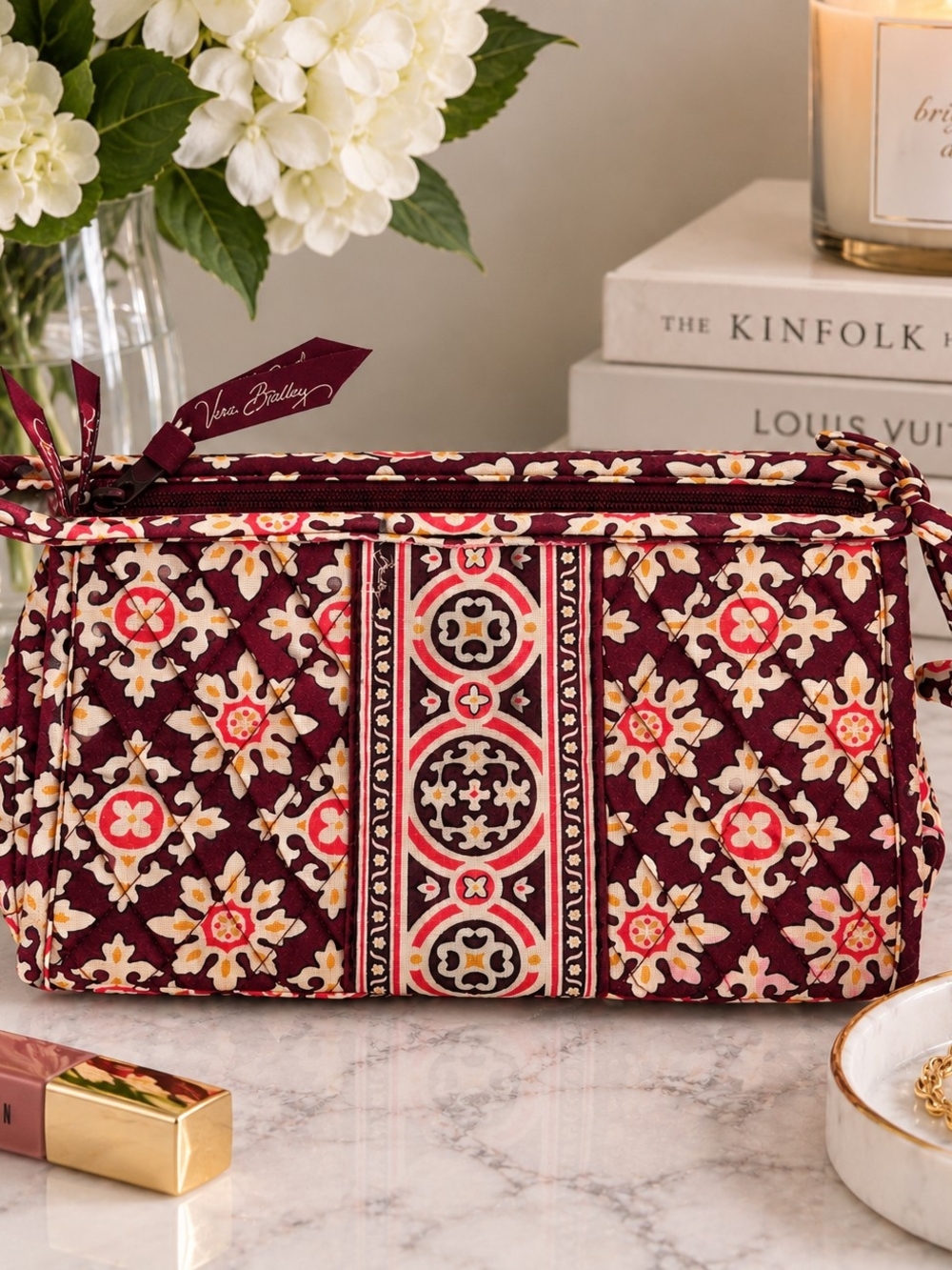 Vera Bradley Maroon Patterned Quilted Cosmetic Bag